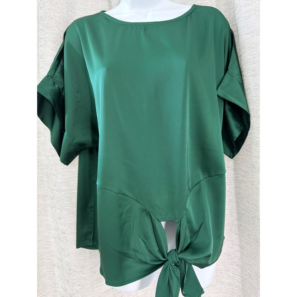 She + Sky Green Satin Tie Front Blouse Short Sleeve Round Neck Top size Large
